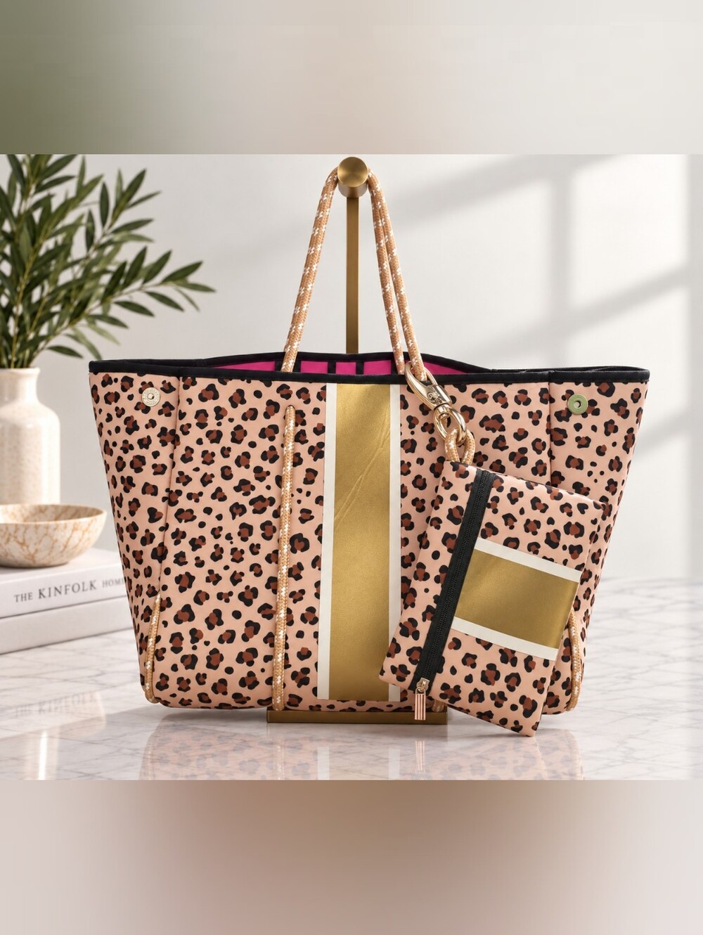 KP Designs Leopard Neoprene Tote Bag with Detachable Pouch